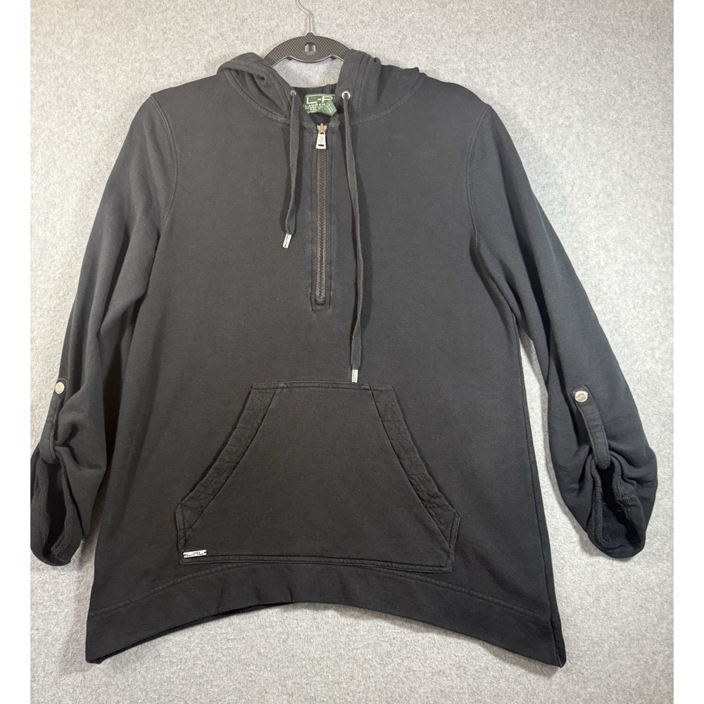 Ralph Lauren Lauren Active Women's Black Fleece Pullover Hoodie Logo Pockets M